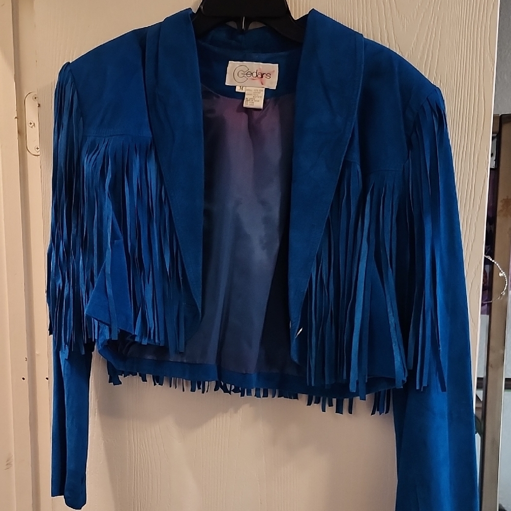 Women's 100% Suade Vibrant Blue Fringe Blazer Jacket